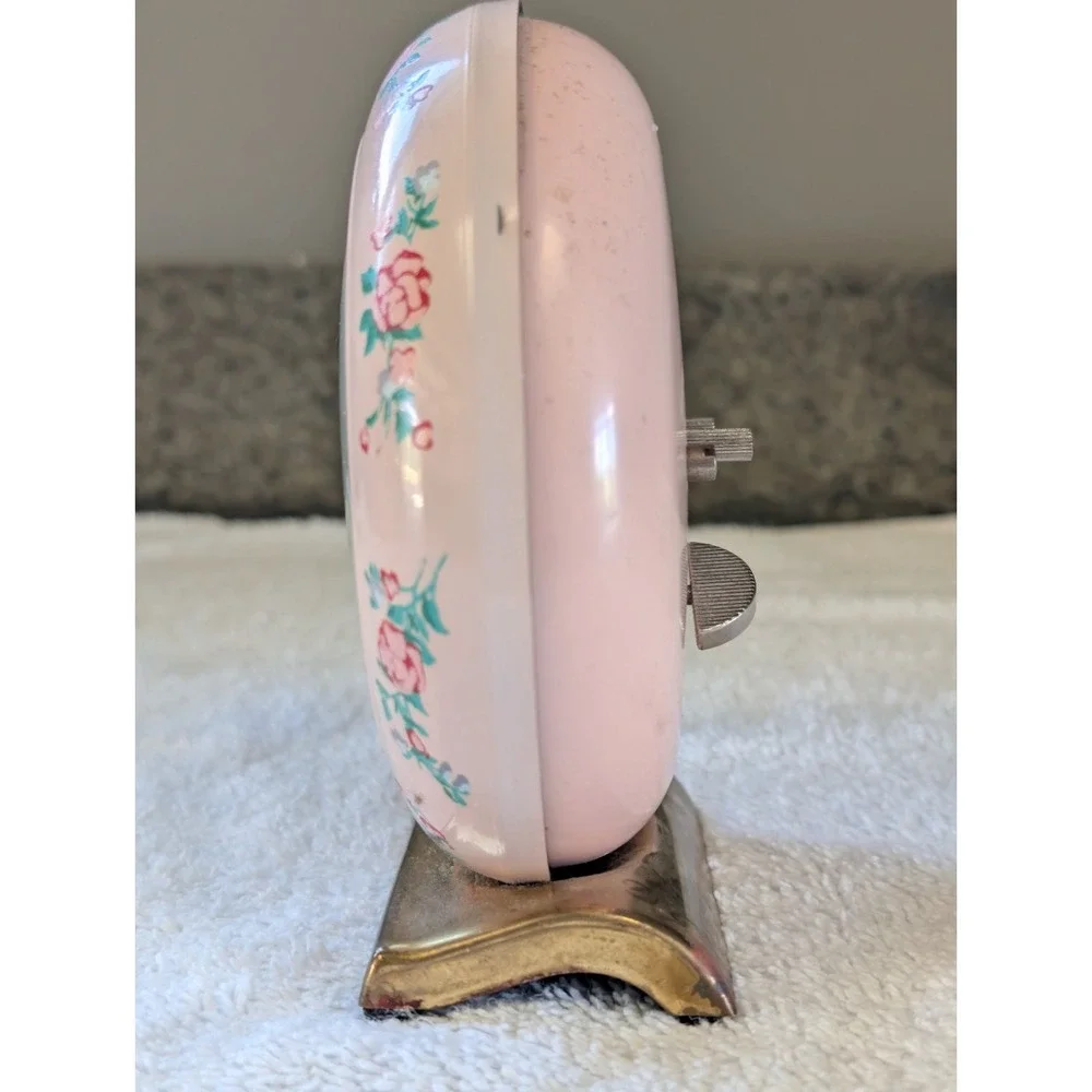 Vintage Retro Mid Century Wind Alarm Clock Round Pink Rose Flower US Time Rare